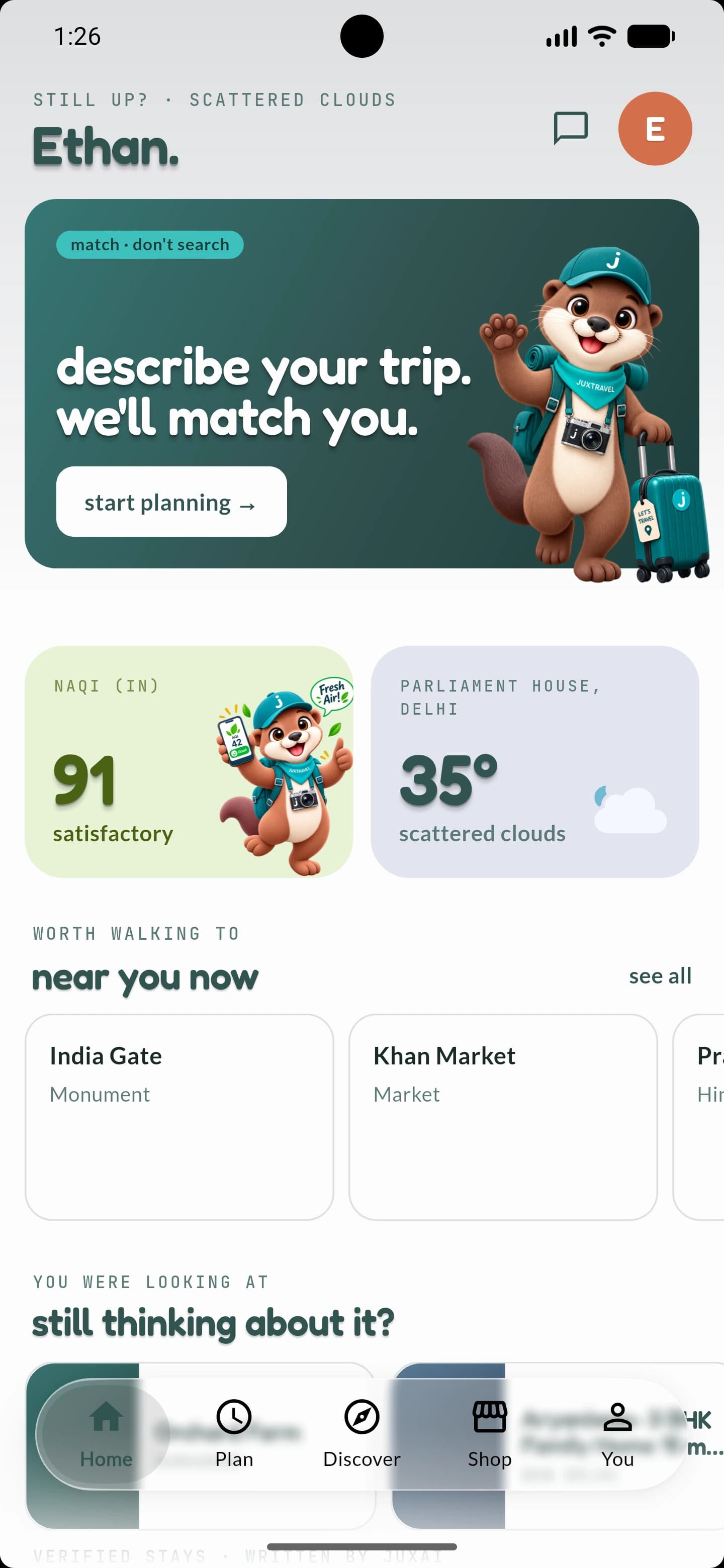 The JuxTravel app, showing the home screen
