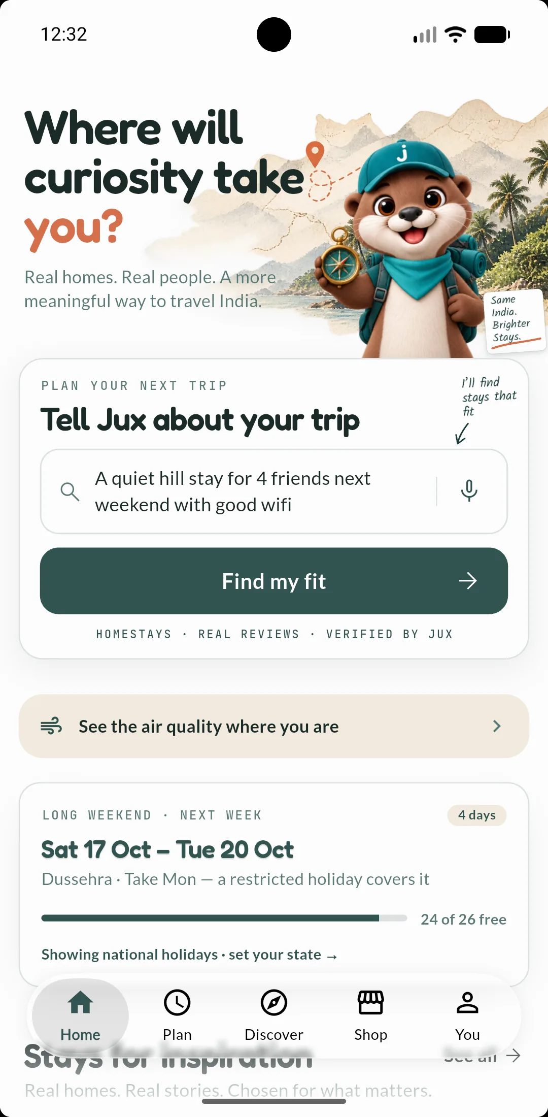 The JuxTravel app's home screen: Tell Jux about your trip, with a trip typed in