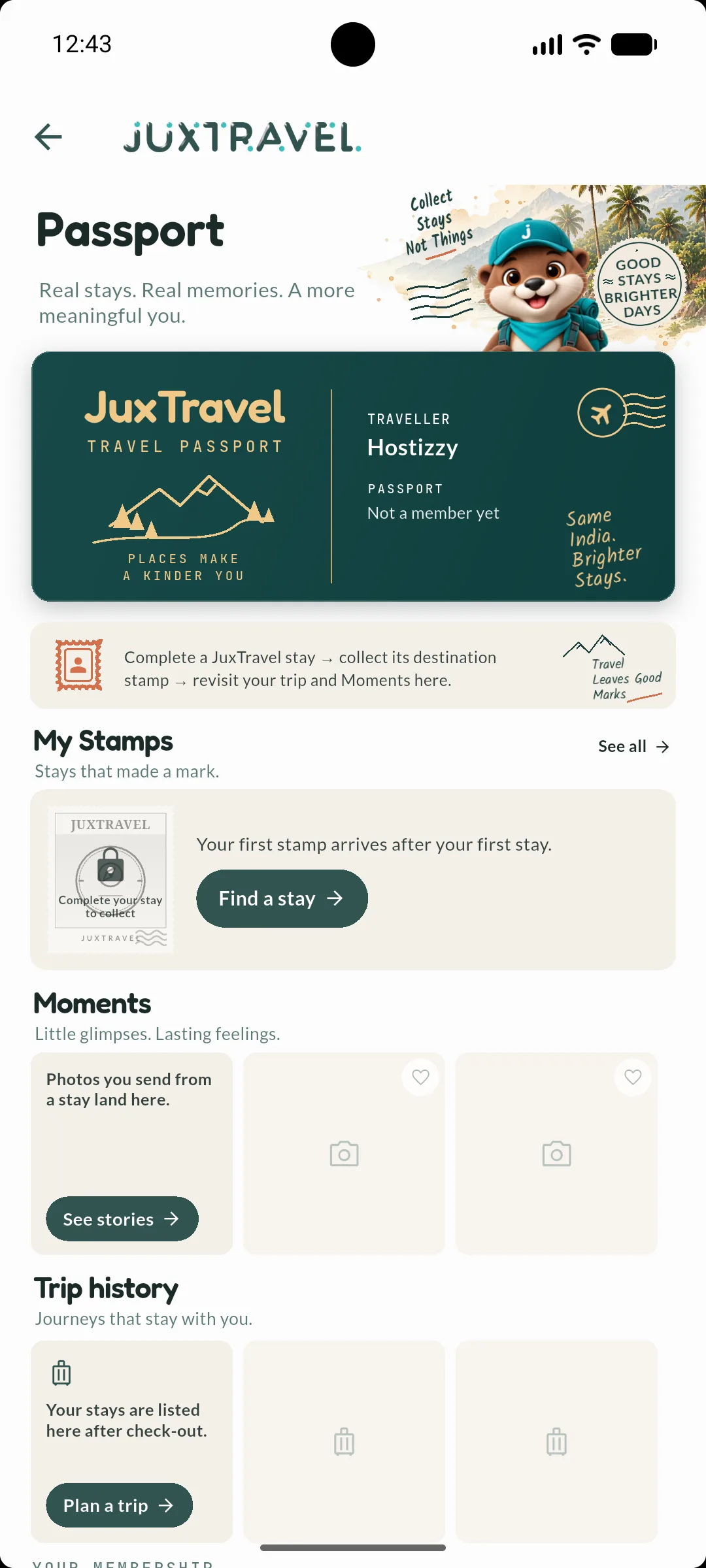 The JuxTravel app, showing the Passport before a first stay
