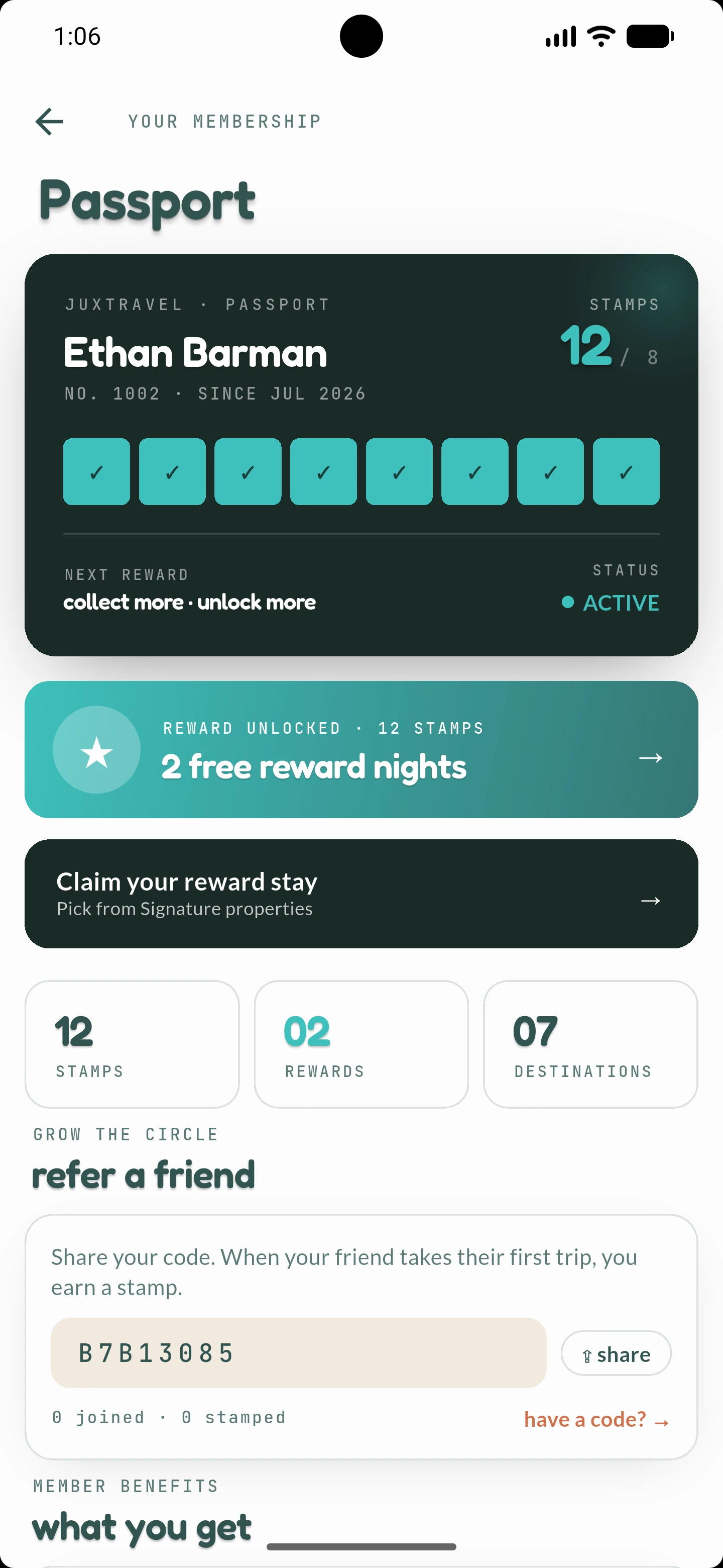 The JuxTravel app, showing a traveller's Passport