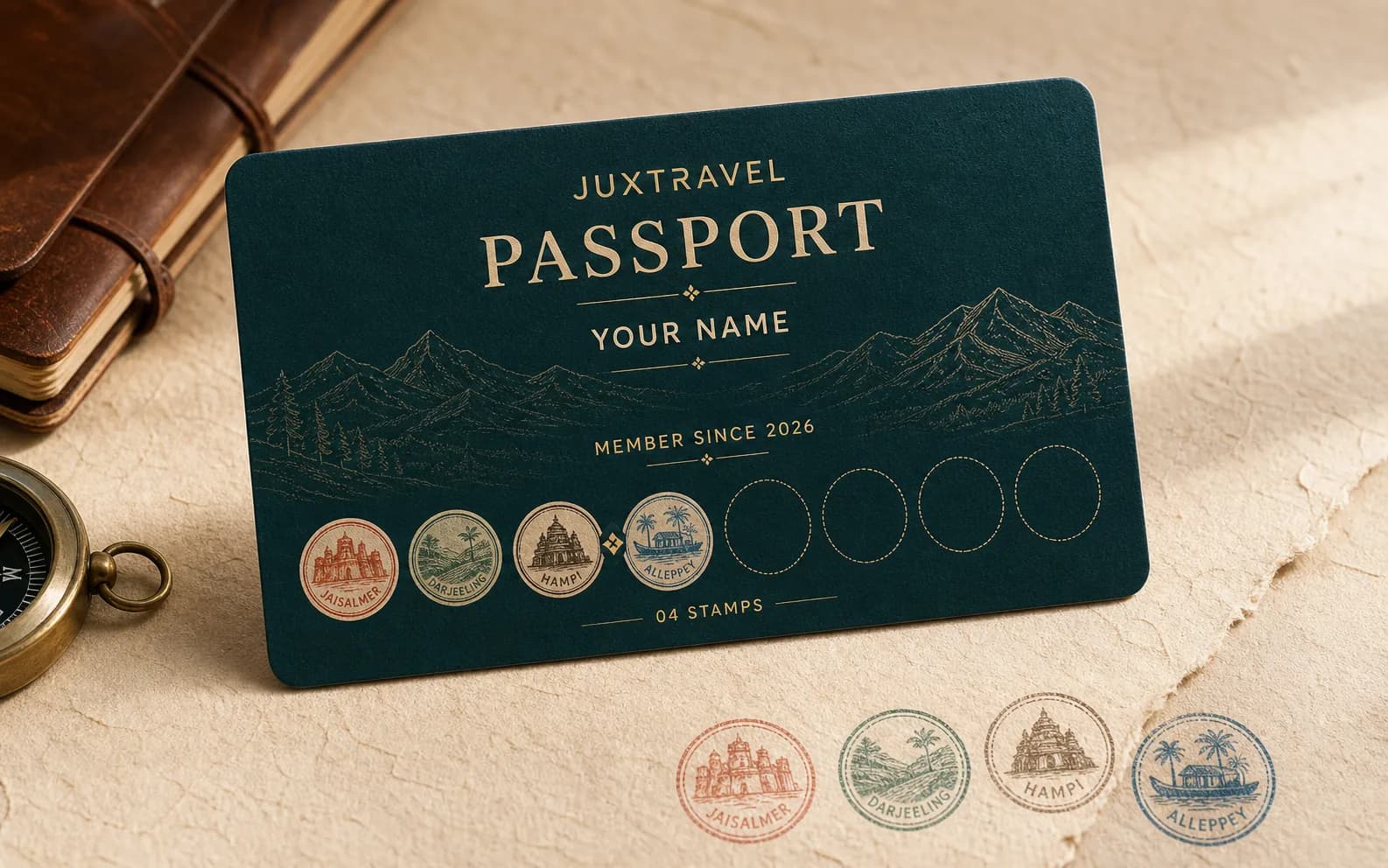 A JuxTravel Passport card carrying four earned stamps — Jaisalmer, Darjeeling, Hampi and Alleppey — with four empty places still to fill