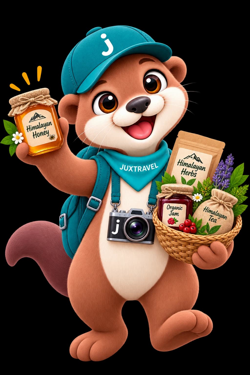 Jux, the JuxTravel otter, carrying a basket of host-made goods